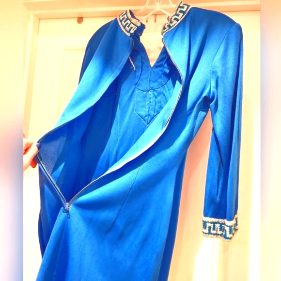 70s Twiggy MOD Zip Hi Neck Sparkly Greek Key Trim Star Trek Vin Mini Dress OO - Picture 15 of 16